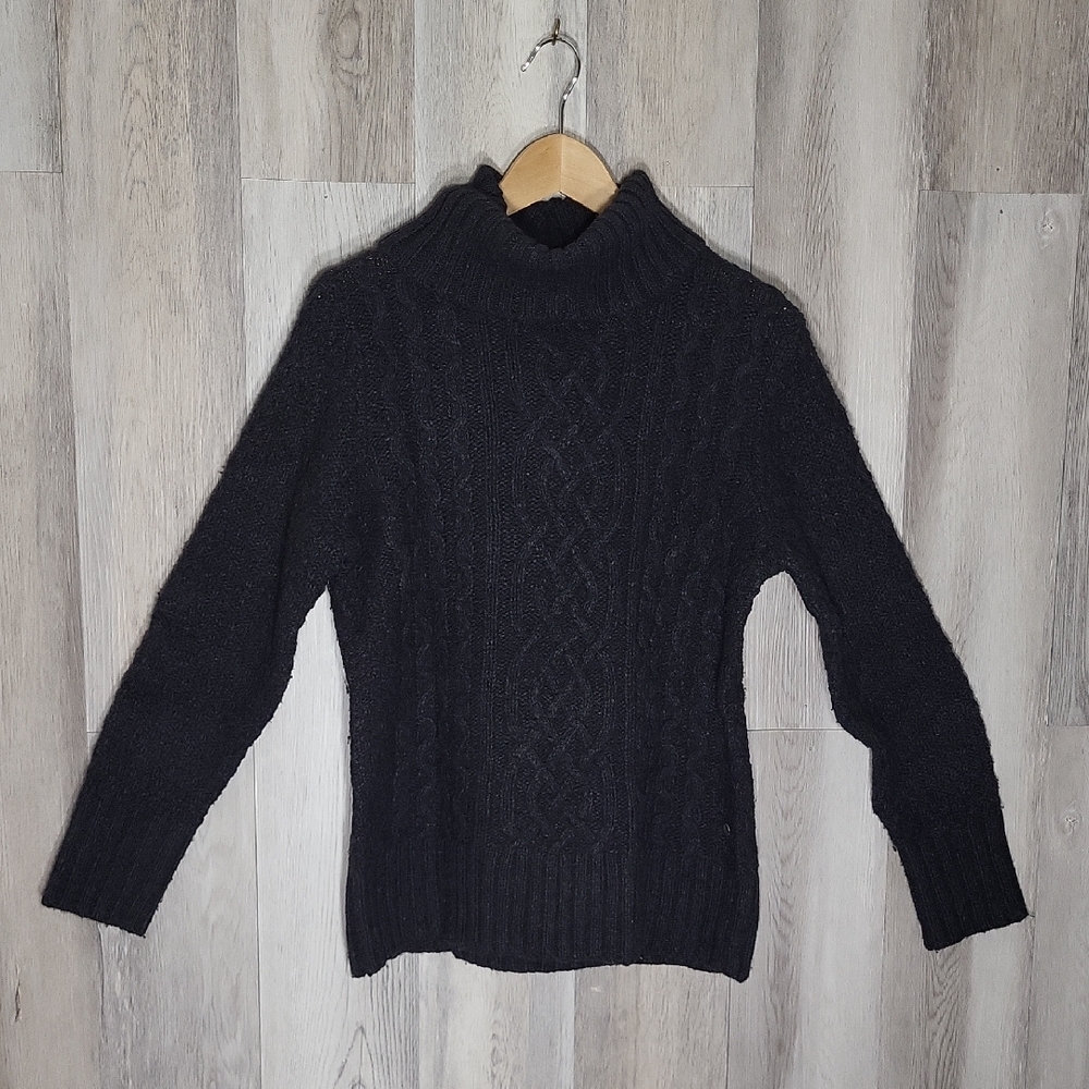 Eddie Bauer Wool Blend Sweater Chunky Cable Knit Relaxed Turtleneck Large